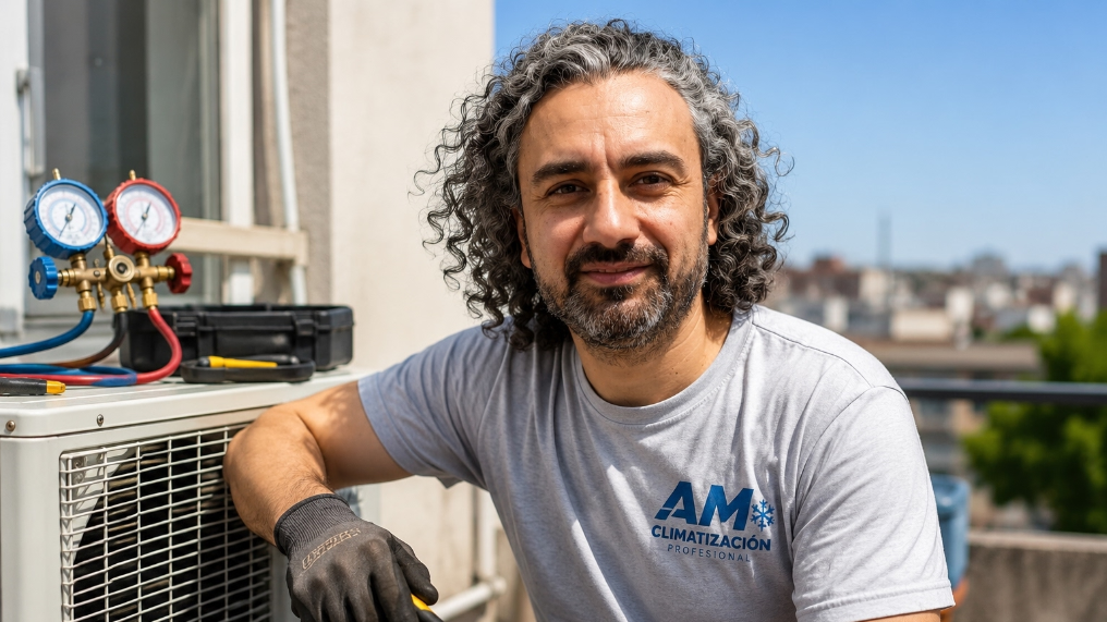Técnico instalando aire acondicionado
